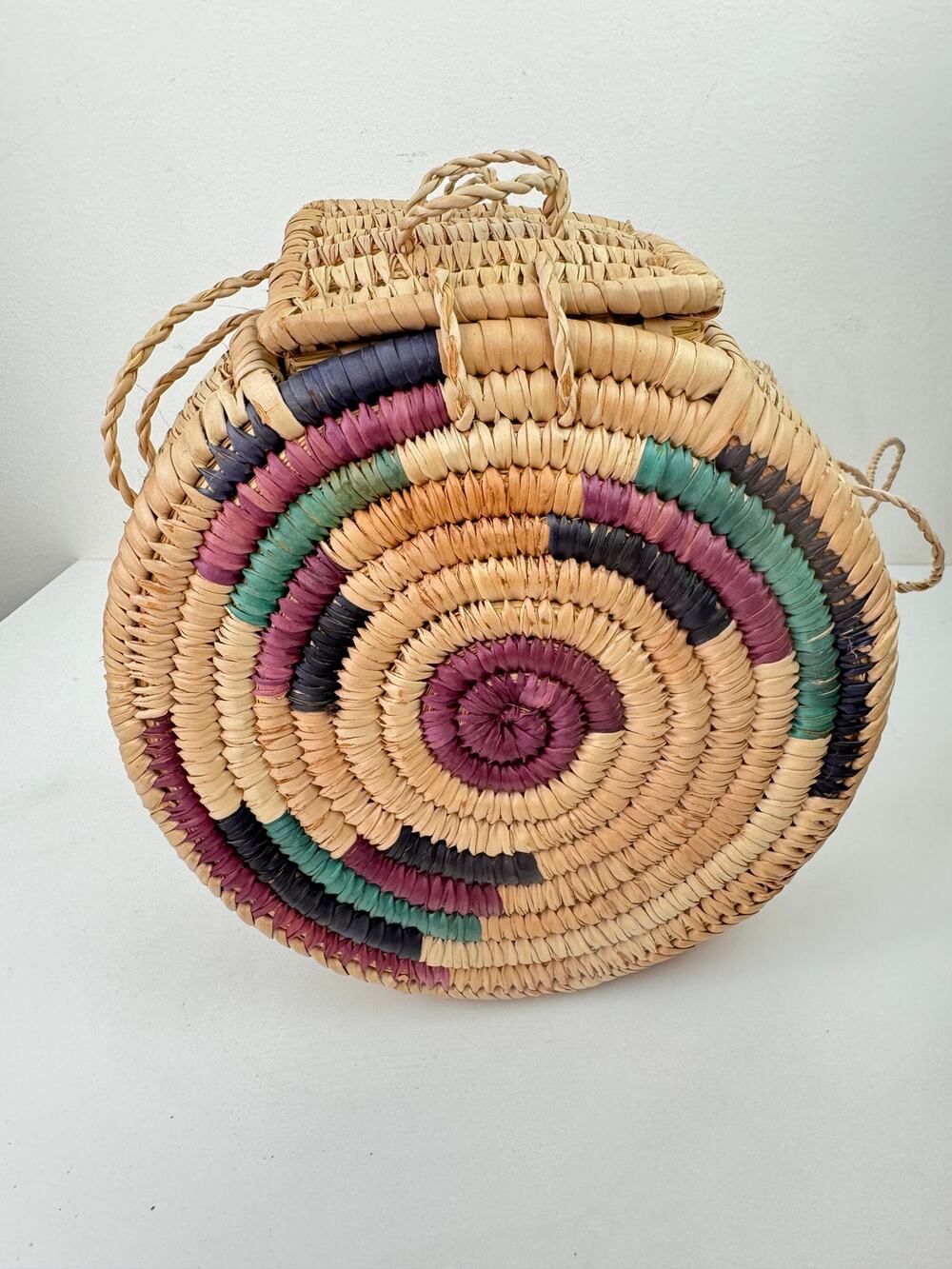 OOAK Tan Handbag Straw Hand Woven Circle Double Handle Strap Crossbody Bag